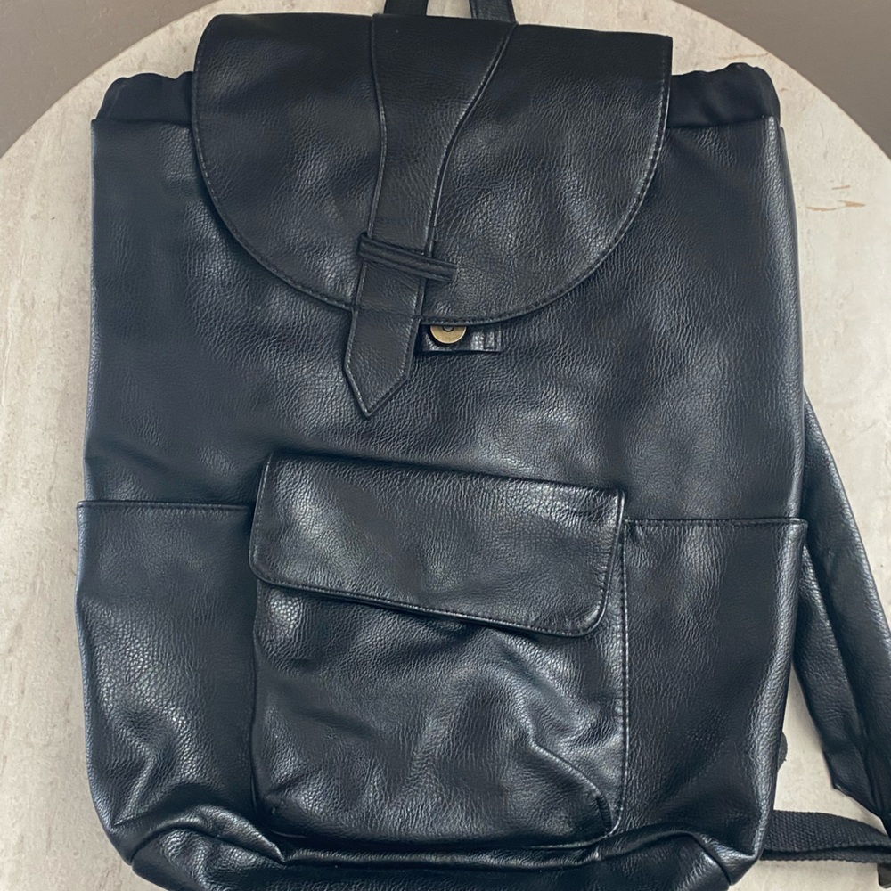 Faux Black Leather Backpack